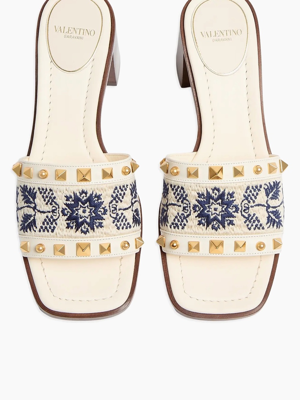 Valentino Cream Slide Sandals with Navy Embroidered Band and Gold Studs